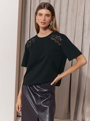 Lipsy Black Lace Insert Short Sleeve T-Shirt - Image 1 of 5