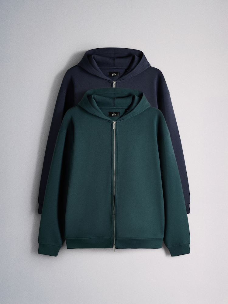 The Set 2 Pack Scuba Zip Through Hoodie Green/Navy - Image 1 of 9