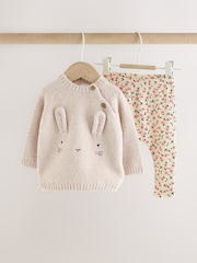 Ecru Bunny Knitted Jumper and Floral Leggings Baby Set 2 Piece (0mths-2yrs) - Image 1 of 6