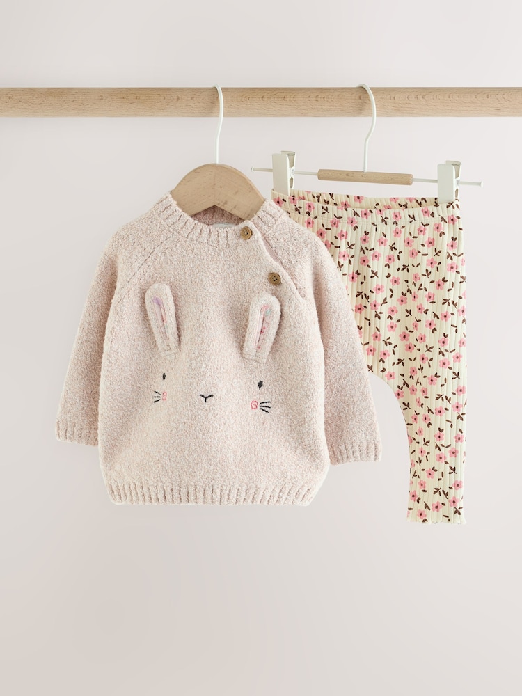 Ecru Bunny Knitted Jumper and Floral Leggings Baby Set 2 Piece (0mths-2yrs) - Image 1 of 6 Ecru Bunny Knitted Jumper and Floral Leggings Baby Set 2 Piece (0mths-2yrs) - Image 1 of 6