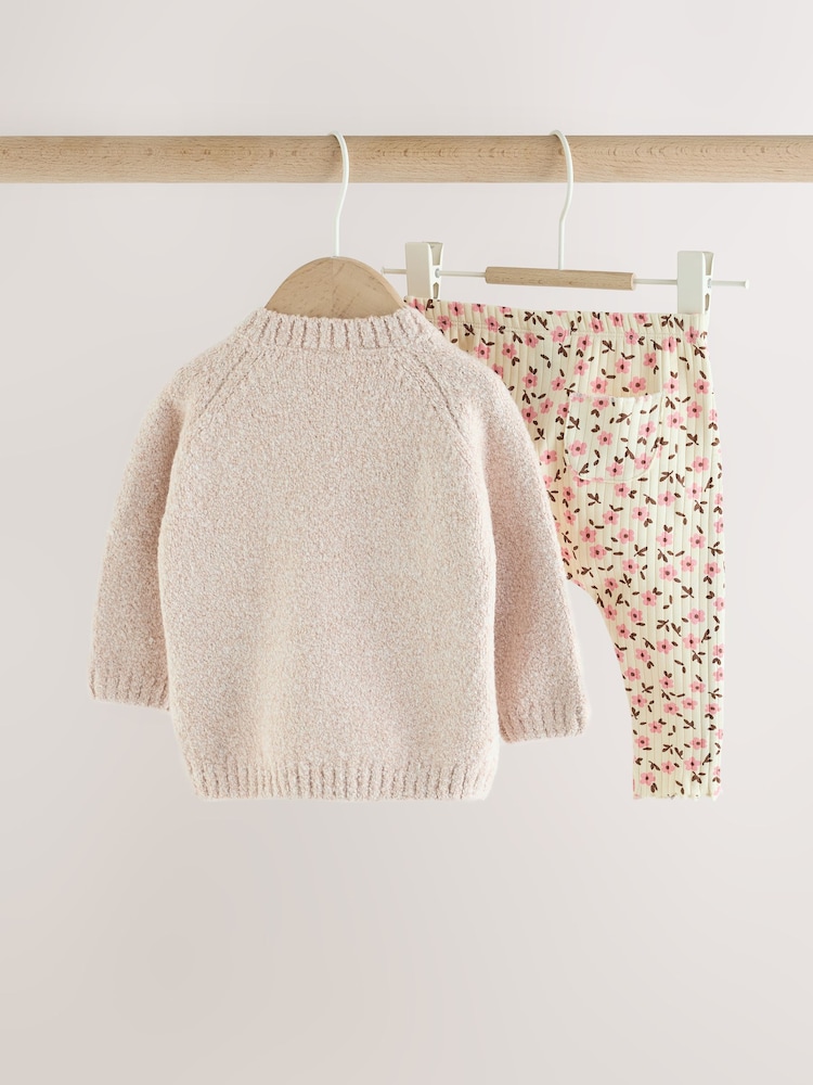Ecru Bunny Knitted Jumper and Floral Leggings Baby Set 2 Piece (0mths-2yrs) - Image 2 of 6 Ecru Bunny Knitted Jumper and Floral Leggings Baby Set 2 Piece (0mths-2yrs) - Image 2 of 6