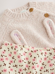 Ecru Bunny Knitted Jumper and Floral Leggings Baby Set 2 Piece (0mths-2yrs) - Image 3 of 6