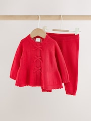 Rød - Sett med rysjestrikket Baby Sløyfe Cardigans og Leggings 2 Pieces (0mnd–2år) - Bilde 1 av 10