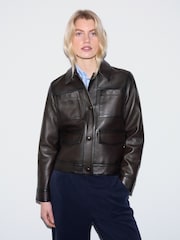 Jigsaw Brown Nappa Leather Cropped Jacket - Image 1 of 5