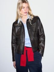 Jigsaw Brown Nappa Leather Cropped Jacket - Image 3 of 5