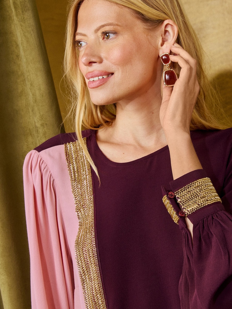 Love & Roses X Binky Burgundy/Pink Colour Block Embellished Blouse - Image 2 of 5