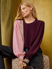 Love & Roses X Binky Burgundy/Pink Colour Block Embellished Blouse - Image 3 of 5