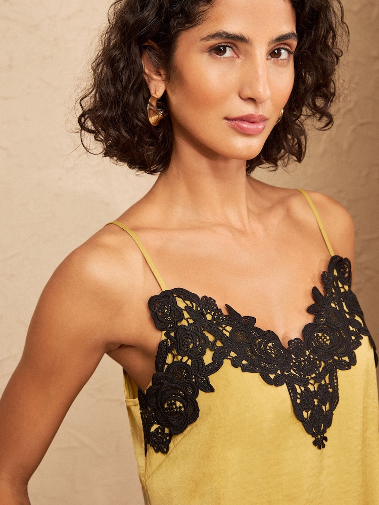 Love & Roses Lime Green Lace Trim Satin V-Neck Camisole - Image 2 of 4
