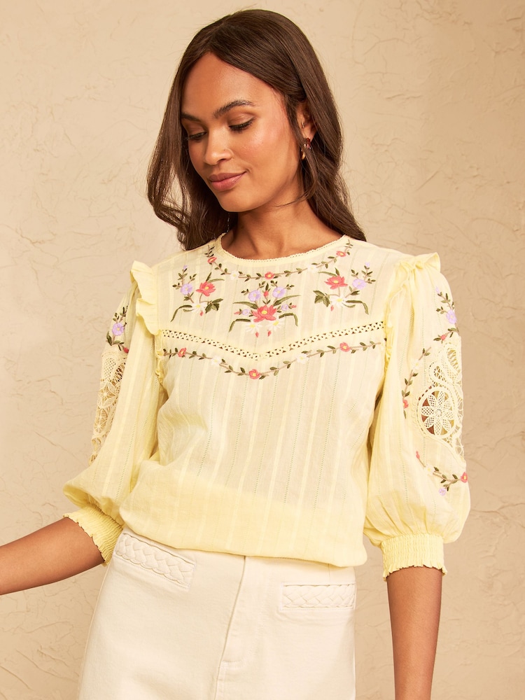 Love & Roses Yellow Crew Neck Crochet Insert Embroidered 3/4 Sleeve Blouse - Image 1 of 5