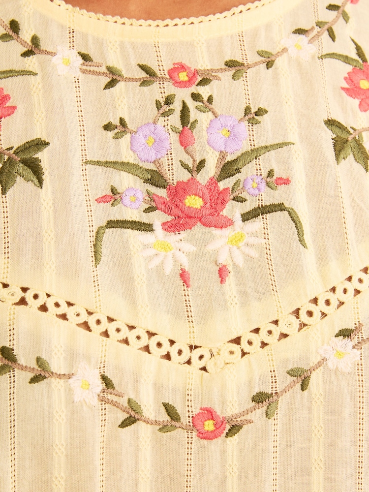 Love & Roses Yellow Crew Neck Crochet Insert Embroidered 3/4 Sleeve Blouse - Image 5 of 5