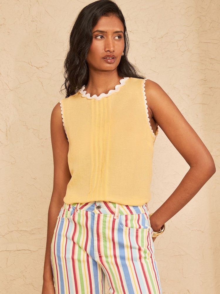 Love & Roses Yellow Viscose/Linen Blend Ric Rac Trim Shell Top - Image 1 of 5