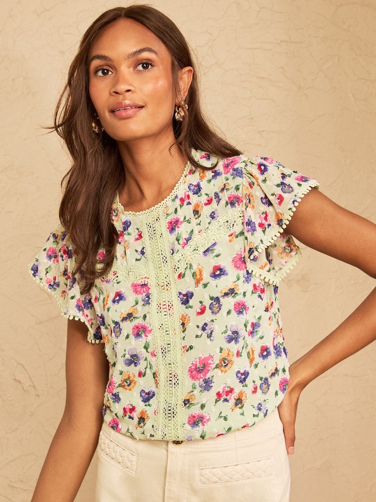 Love & Roses Sage Green Floral Dobby Flutter Sleeve Shell Top - Image 1 of 4