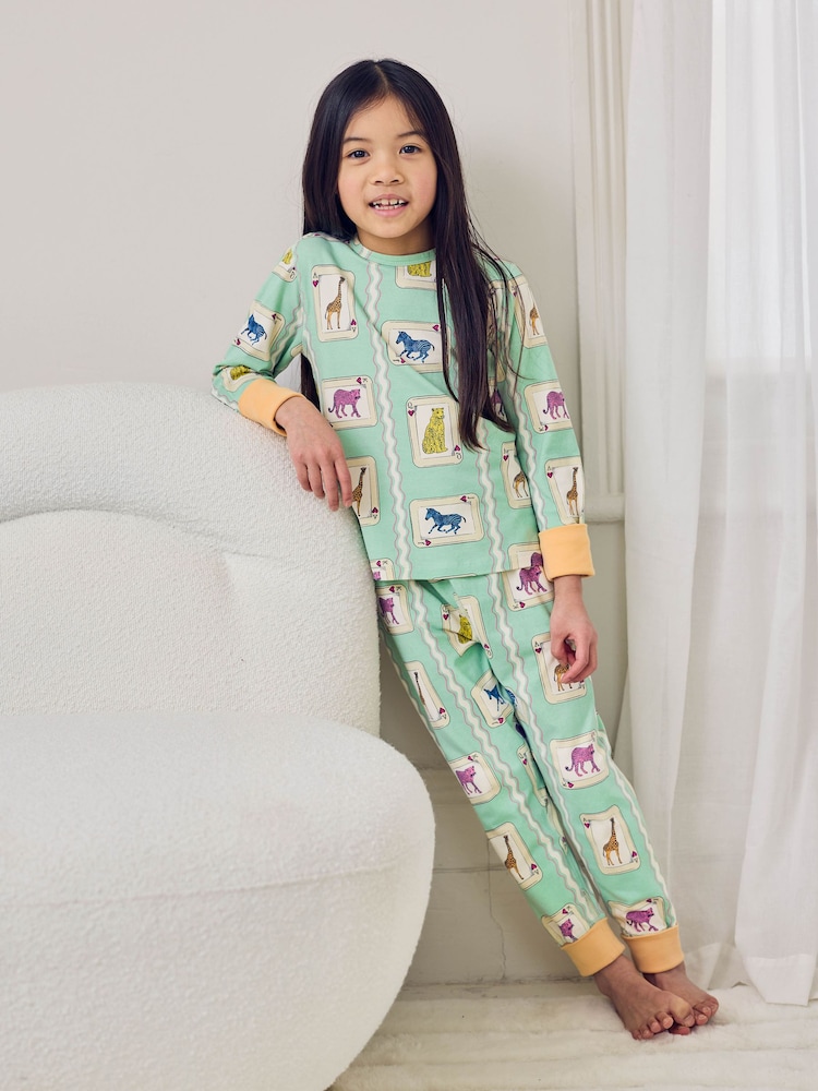 Chelsea Peers Green Kids Cotton Playing Card Animals Print Long Pyjamas Set - Image 1 of 9