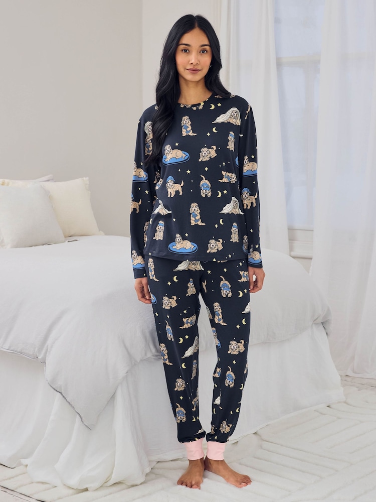 Chelsea Peers Blue Cockapoo Snooze Print Long Pyjamas Set - Image 1 of 6