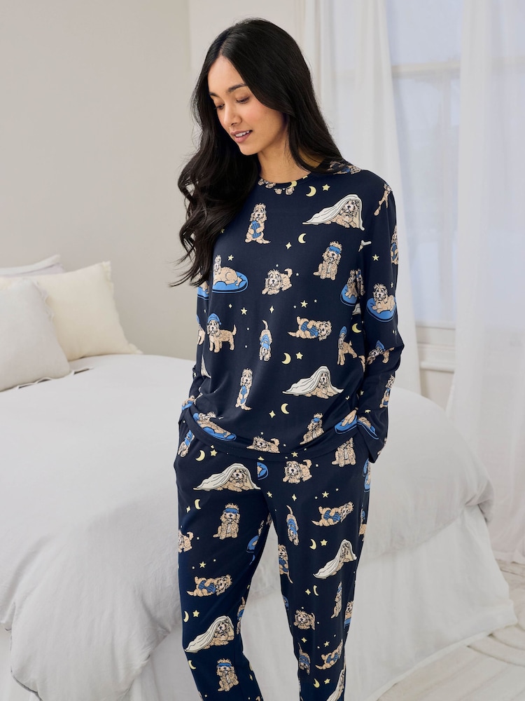 Chelsea Peers Blue Cockapoo Snooze Print Long Pyjamas Set - Image 6 of 6