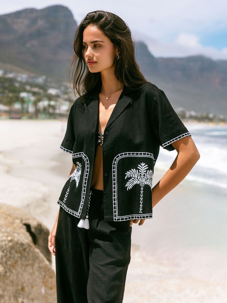 Chelsea Peers Black Linen-Blend Embroidered Short Sleeve Shirt - Image 1 of 5