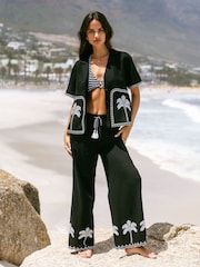 Chelsea Peers Black Linen-Blend Embroidered Short Sleeve Shirt - Image 4 of 5