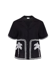 Chelsea Peers Black Linen-Blend Embroidered Short Sleeve Shirt - Image 5 of 5
