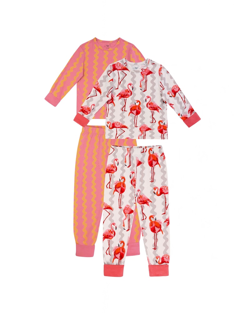 Chelsea Peers キッズ用コットンストライプ/ フラミンゴプリント長袖パジャマセット 2枚組 - 画像 1 / 7