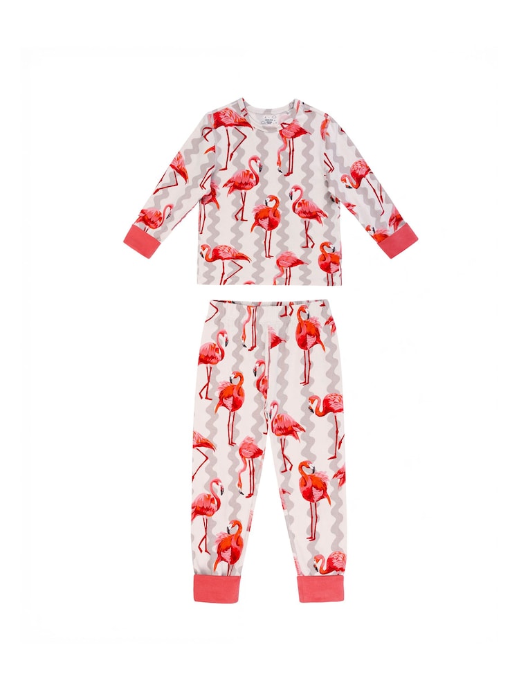 Chelsea Peers キッズ用コットンストライプ/ フラミンゴプリント長袖パジャマセット 2枚組 - 画像 2 / 7