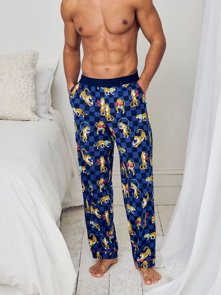Chelsea Peers Blue Cotton Boxing Leopards Print Long Pyjama Bottoms - Image 2 of 4 Chelsea Peers Blue Cotton Boxing Leopards Print Long Pyjama Bottoms - Image 2 of 4
