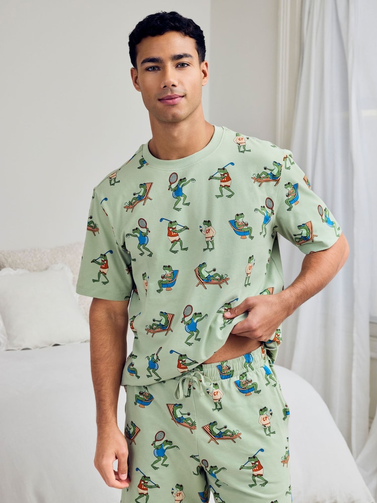 Chelsea Peers Green Cotton Frog House Print Short Pyjamas Set - Image 2 of 6 Chelsea Peers Green Cotton Frog House Print Short Pyjamas Set - Image 2 of 6