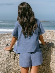 Chelsea Peers Blue Chambray Embroidered Cotton Short Sleeve Shirt - Image 3 of 5