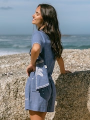 Chelsea Peers Blue Chambray Embroidered Cotton Short Sleeve Shirt - Image 4 of 5