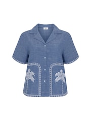Chelsea Peers Blue Chambray Embroidered Cotton Short Sleeve Shirt - Image 5 of 5