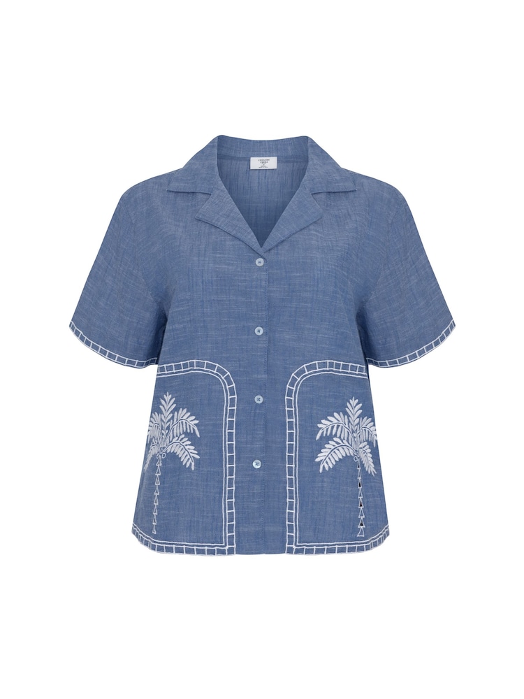 Chelsea Peers Blue Chambray Embroidered Cotton Short Sleeve Shirt - Image 5 of 5