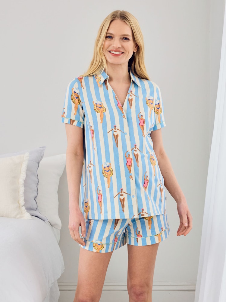 Chelsea Peers Maternity Cotton Swimming Society Stripe Print Short Pyjamas Set - صورة 1 من 5 Chelsea Peers Maternity Cotton Swimming Society Stripe Print Short Pyjamas Set - صورة 1 من 5
