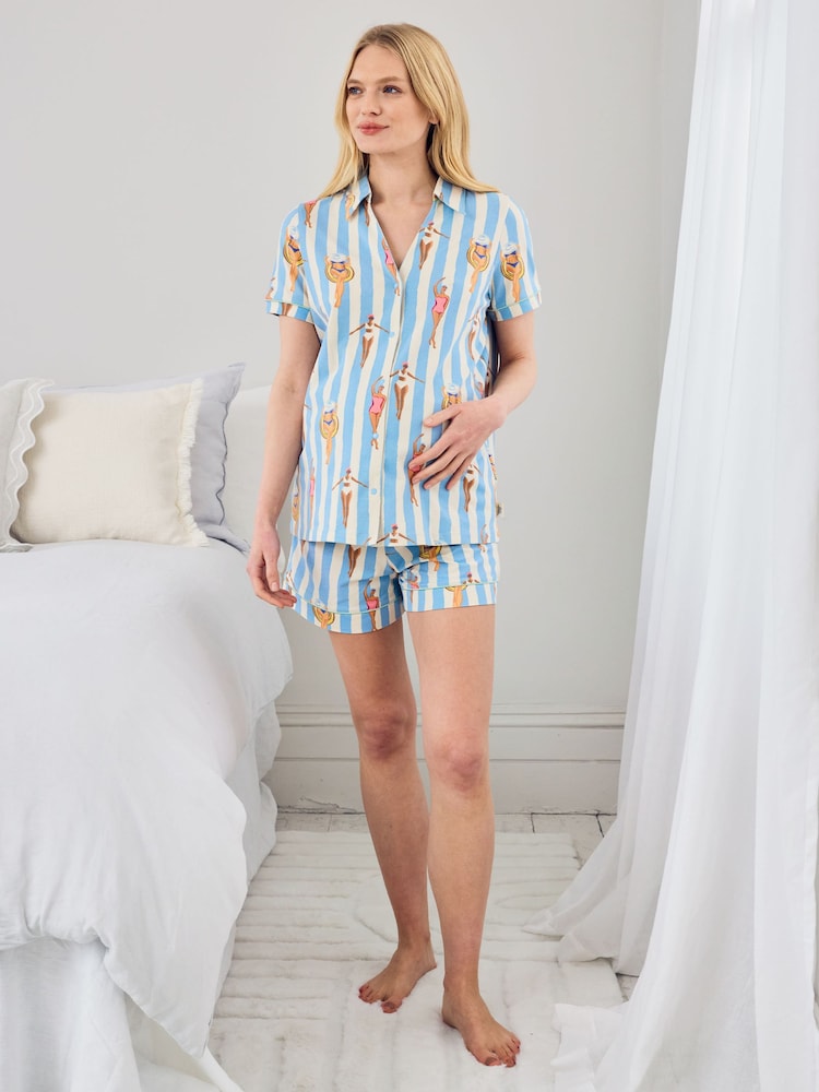 Chelsea Peers Maternity Cotton Swimming Society Stripe Print Short Pyjamas Set - صورة 2 من 5 Chelsea Peers Maternity Cotton Swimming Society Stripe Print Short Pyjamas Set - صورة 2 من 5