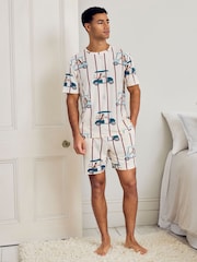 Chelsea Peers Natural Dogs Caddy Stripe Print Short Pyjamas Set - Image 1 of 6