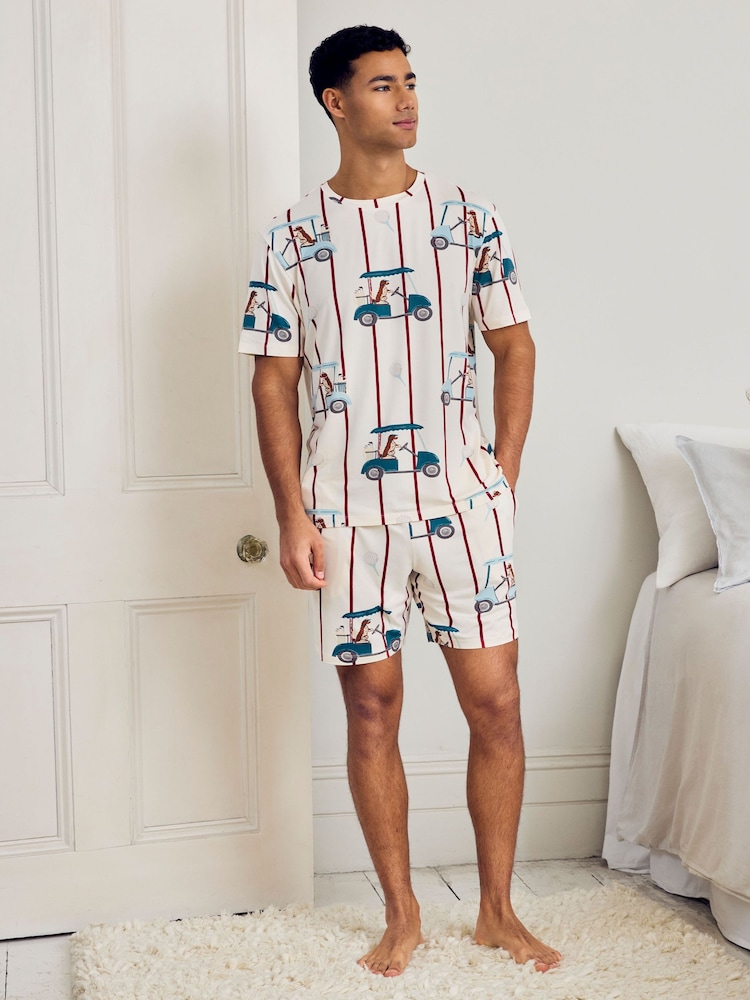 Chelsea Peers Natural Dogs Caddy Stripe Print Short Pyjamas Set - Image 1 of 6
