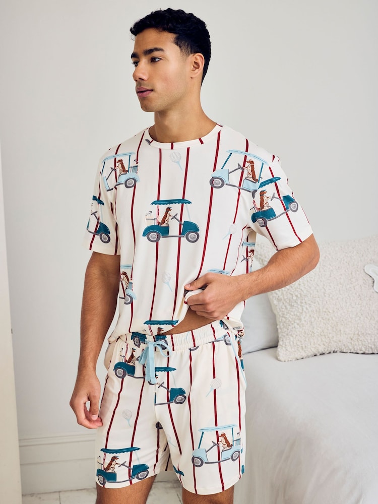 Chelsea Peers Natural Dogs Caddy Stripe Print Short Pyjamas Set - Image 2 of 6