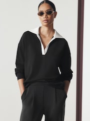 Black/Cream Slinky Contrast Collar Rugby Sweat Top - Image 1 of 8