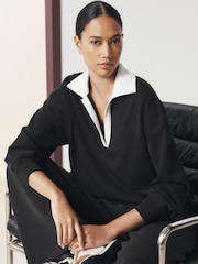 Black/Cream Slinky Contrast Collar Rugby Sweat Top - Image 3 of 8