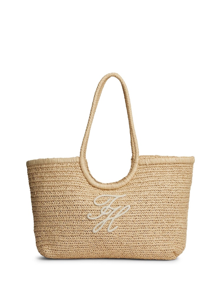 Tommy Hilfiger Raffia Textured Logo Tote Bag - תמונה 1 מתוך 4