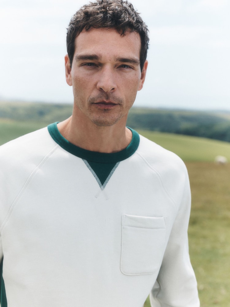 Ecru White/Green Soft Loopback Crew Neck Sweatshirt - Image 1 of 5 Ecru White/Green Soft Loopback Crew Neck Sweatshirt - Image 1 of 5