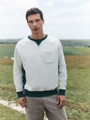 Ecru White/Green Soft Loopback Crew Neck Sweatshirt - Image 4 of 5