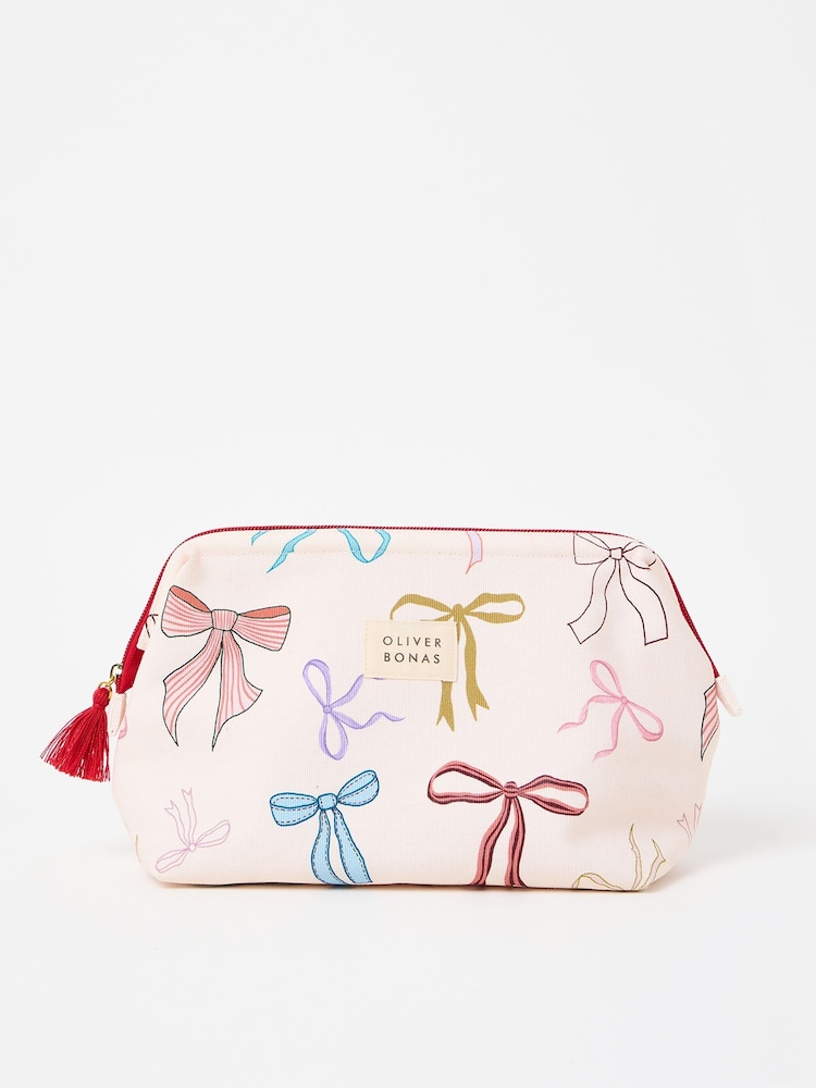 Oliver Bonas Cream White Bow Print Toiletry Bag - Image 1 of 6