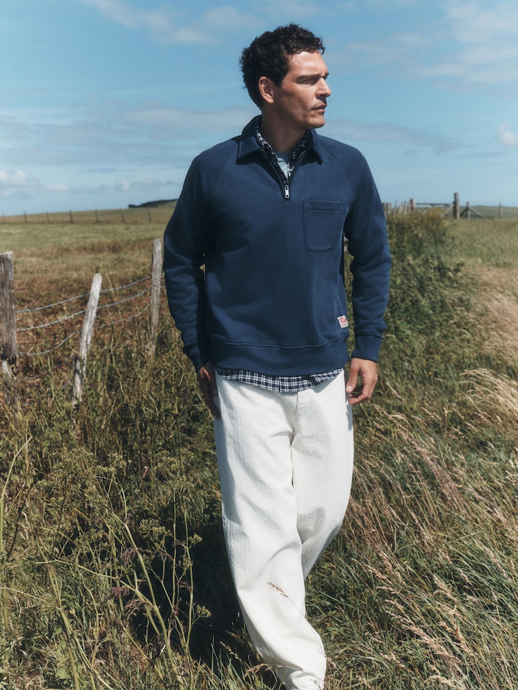 Mid-Blue Soft Loopback Zip Neck Polo Sweatshirt - Image 2 of 8 Mid-Blue Soft Loopback Zip Neck Polo Sweatshirt - Image 2 of 8