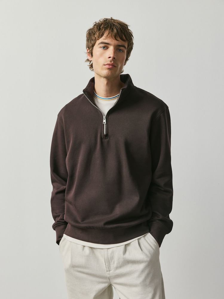 Chocolate Brown Cotton Rich Jersey Quarter Zip Sweatshirt - Image 1 of 4 Chocolate Brown Cotton Rich Jersey Quarter Zip Sweatshirt - Image 1 of 4
