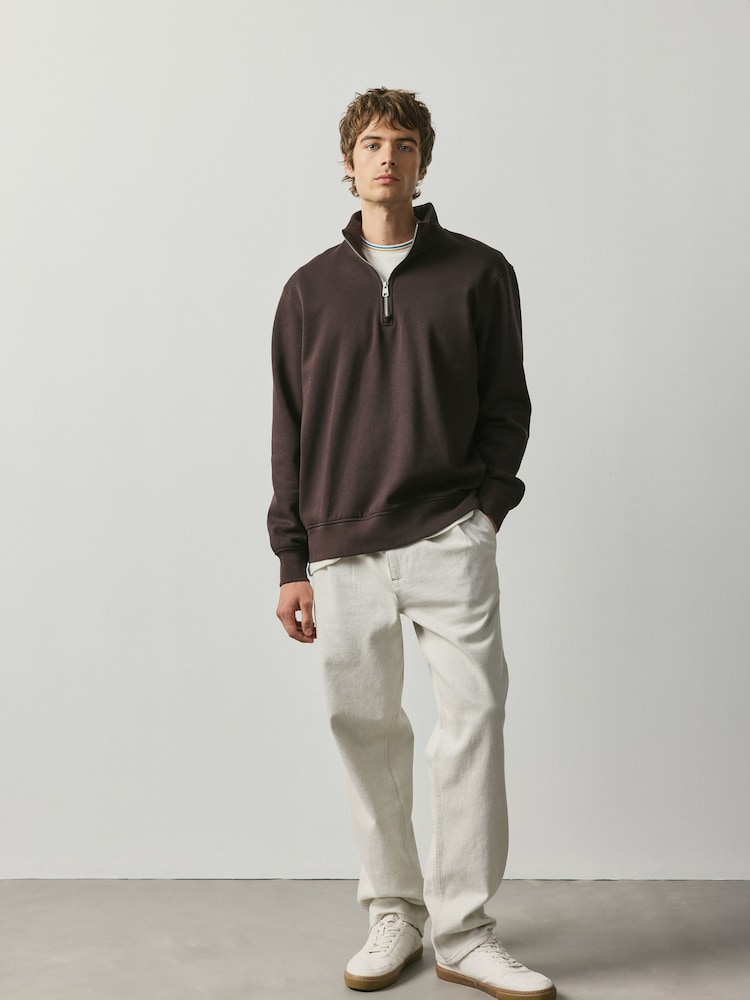 Chocolate Brown Cotton Rich Jersey Quarter Zip Sweatshirt - Image 2 of 4 Chocolate Brown Cotton Rich Jersey Quarter Zip Sweatshirt - Image 2 of 4