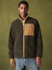 كاكي أخضر - Contrast Nylon Paneled Borg Zip Up Fleece - Image 1 of 7