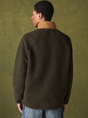 كاكي أخضر - Contrast Nylon Paneled Borg Zip Up Fleece - Image 3 of 7