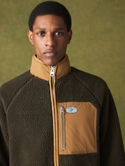 كاكي أخضر - Contrast Nylon Paneled Borg Zip Up Fleece - Image 4 of 7