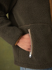 كاكي أخضر - Contrast Nylon Paneled Borg Zip Up Fleece - Image 6 of 7