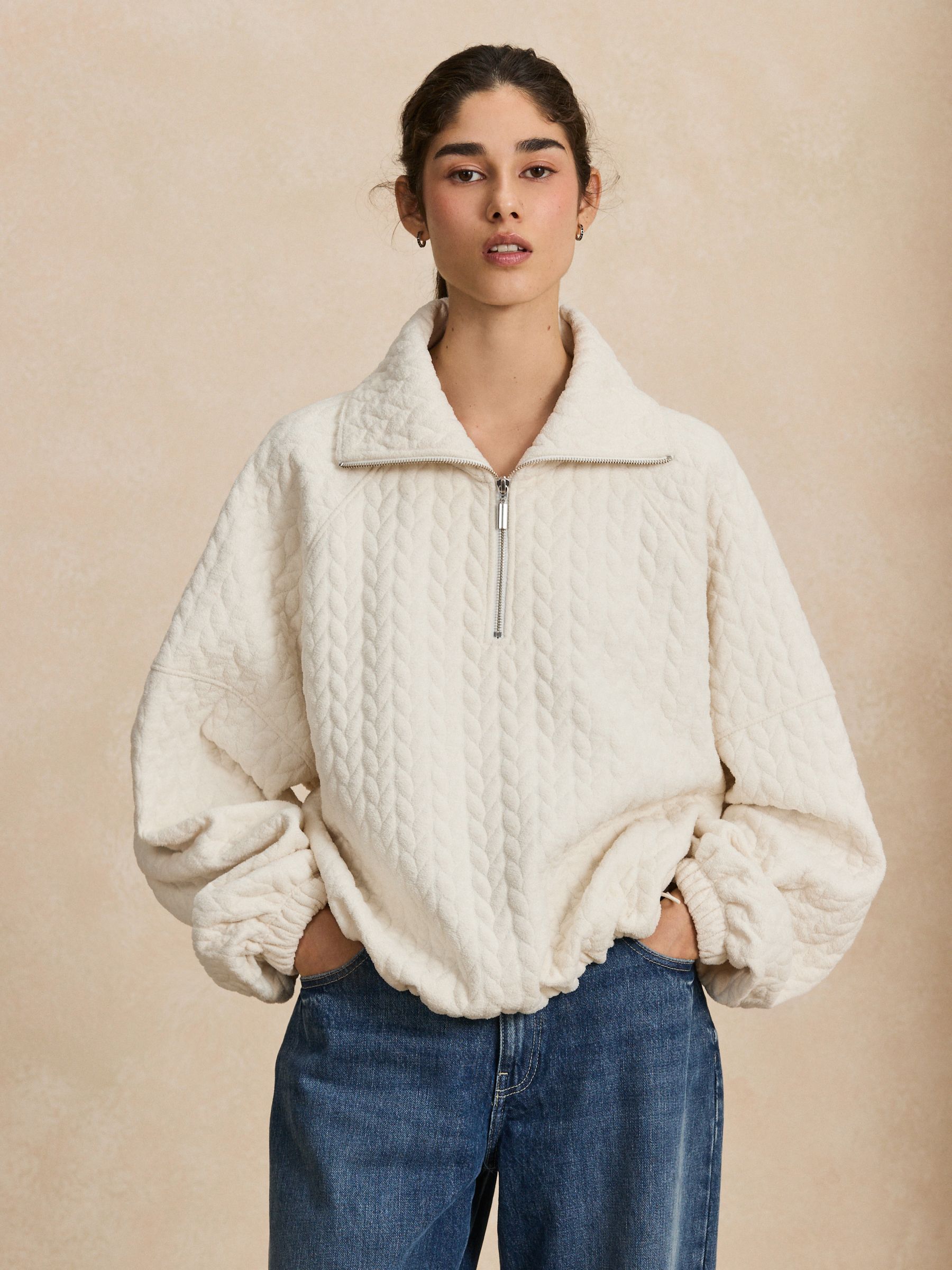 Buy Ecru Cream Cable Quarter Zip Sweatshirt from Next USA