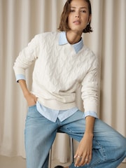 Ecru Cream Knit Look Cable Crew Neck Jumper - Image 1 of 8